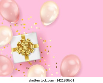 Holiday background with white gift box and balloons, golden confetti. Vector illustration.
