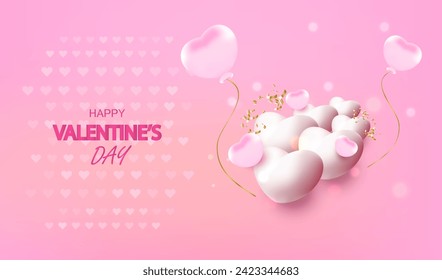 Holiday background with white glossy hearts and balloons. Vector happy valentine's day illustration. Love banner design.

