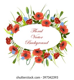 Holiday background with wild flowers and oval label. Vector illustration.