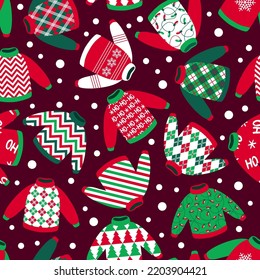 Holiday background. winter clothes in traditional red green white colors. Hat, mittens and socks seamless pattern.Texture for fabric, wrapping, wallpaper