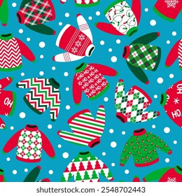 Holiday background. winter clothes in traditional red green white colors. Hat, mittens and socks seamless pattern.Texture for fabric, wrapping, wallpaper