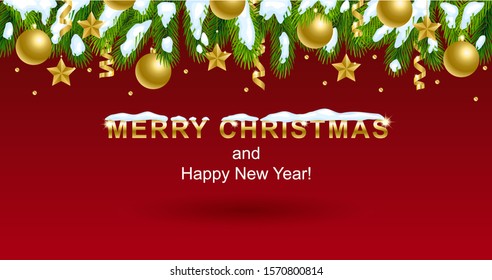 Holiday background with a wish with Christmas fir branches around the edges, 
decorated with gold Christmas balls, stars and serpentine.