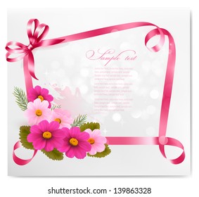 Holiday background.Colorful flowers with pink bow and ribbon. Vector.