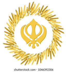 Holiday Baisakhi. New Year of the Sikhs. Wreath of Wheat. On a red-orange background. Khanda Sikh symbol.