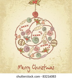 holiday ball handmade on a grunge background with Christmas items