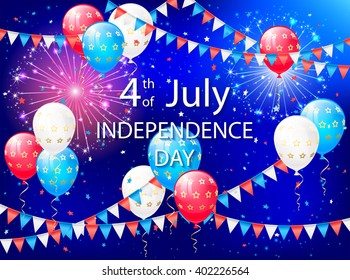 Holiday balloons, colorful pennants and fireworks on Independence day background, illustration.