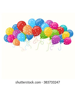 Holiday balloons and confetti background. Greetings or birthday card design. Red, green, yellow, blue, violet and pink air balloons on white background