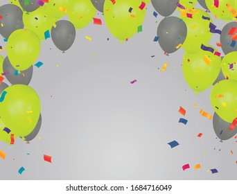 Holiday balloons and confetti flying on white background, illustration