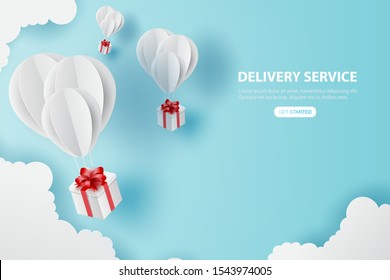 Holiday of Balloons gift fly on air blue sky.Delivery service concept.Creative map world location network paper cut and craft.Graphic Online transport background.Minimal pastel.Vector illustration 