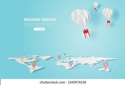 Holiday of Balloons gift fly on air.Delivery service concept.Creative map world location network paper cut and craft style.Graphic Online transport background.Minimal blue pastel.Vector illustration