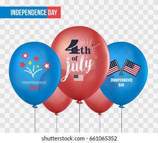 Holiday balloons isolated on transparent background. 4th of July. National celebration. Independence Day. Vector set of holiday balloons. Realistic mockup.