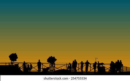 Holiday with balls on roofs, silhouettes of people. Glare from sun. Vector