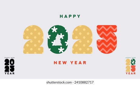 Holiday banner for 2025 New Year. Vector illustration with colorful numbers 2025 with geometric patterns. New Year holiday symbol template on gray background for decoration poster, card, cover, ad.