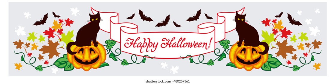 Holiday banner with black cat, pumpkin, maple leaves and hand drawn text:"Happy Halloween!". Original custom design element for greeting cards, invitations, prints, letterhead.