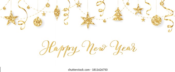 Holiday banner with calligraphy and seamless golden decoration. Festive glitter border, vector background isolated on white. Garland with stars. For Christmas and New Year banners, headers.