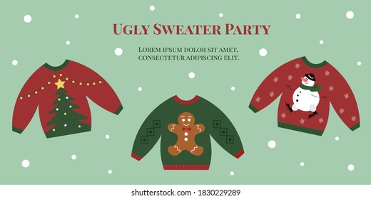 Holiday banner card for ugly sweater party invitation. Christmas decorations. Vector illustration. 