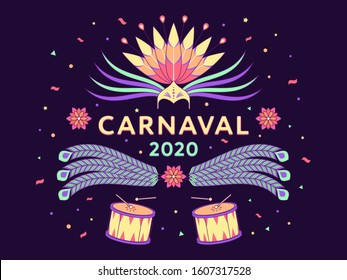 Holiday banner of Carnaval 2020, spanish text. Vector illustration of carnival and festival in Brazil. Colorful festive composition with headdress, feathers, confetti and drums on dark background