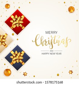 Holiday banner with Christmas balls, beads, three gifts with golden bow and stars on beige background. Illustration can be used for Christmas design, posters, cards, websites, headers.