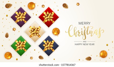 Holiday banner with Christmas balls, pine cones, beads, colored gifts with golden bow and stars on beige background. Illustration can be used for Christmas design, posters, cards, websites, headers.