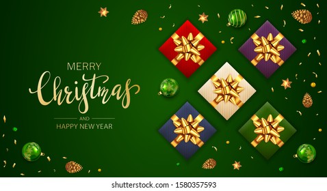 Holiday banner with Christmas balls, pine cones, beads, colored gifts with golden bow and stars on green background. Illustration can be used for Christmas design, posters, cards, websites, headers.