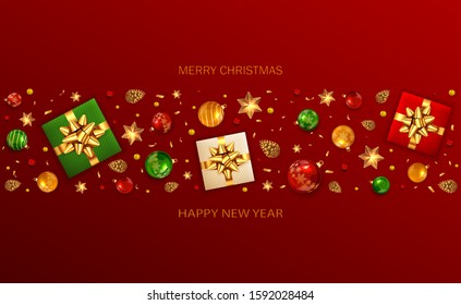 Holiday banner with Christmas lettering, balls, pine cones, beads, gifts with golden bow and stars on red background. Illustration can be used for Christmas design, posters, cards, websites, headers.