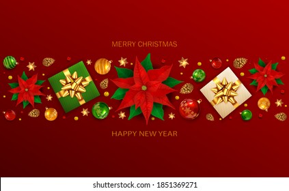 Holiday banner with Christmas lettering, poinsettia, balls, pine cones, beads, gifts with golden bow and stars on red background. Illustration can be used for Christmas design, posters, cards, website