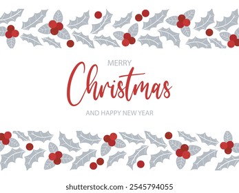 Holiday banner with Christmas ornament. Merry Christmas and happy new year text. Horizontal background with silver decor of holly leaves, mistletoe and berries, vector graphic