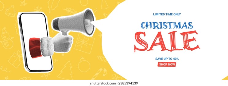 Holiday banner for Christmas sale. Vector illustration with retro halftone Santa Claus hand coming out from phone and holding loudspeaker. Christmas or New Year collage for ads, poster, social media.