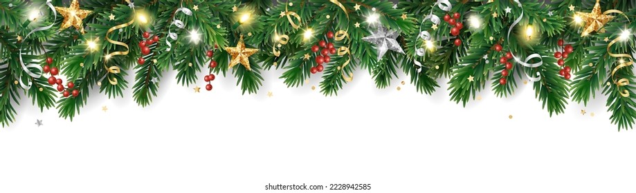 Holiday banner with Christmas tree decoration. Holiday border, garland with ornaments. Festive frame isolated on white. Glitter golden stars. For winter season headers, New Year party posters. Vector.