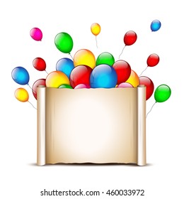 Holiday banner with colorful balloons. Back to school. Birthday card paper template. 