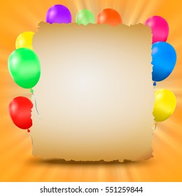 Holiday banner with colorful balloons. Back to school. Birthday card paper template.
