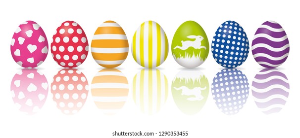 Holiday banner, colorful easter eggs with white patterns reflected on white background