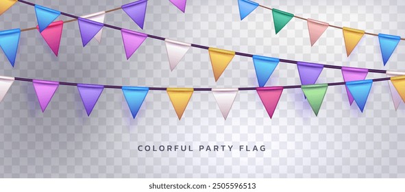 Holiday banner with colorful triangle flag party garland on transparent background. Realistic vector illustration of festive triangular paper bunting for celebration and congratulation concept.