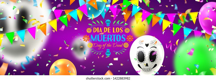 Holiday banner of Day of the Dead. Colorful background with realistic flying white and colour air balloons. Vector illustration with color garlands and confetti.