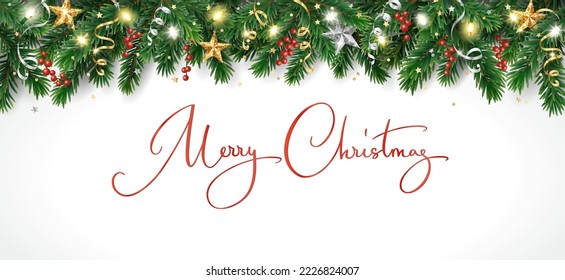 Holiday banner with decoration and lettering. Christmas tree border, lights garland. Festive frame on white. Celebration vector background. For winter season headers, New Year party posters