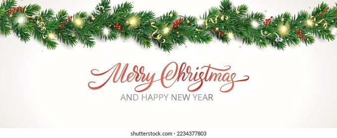 Holiday banner with decoration and lettering. Christmas tree border, lights garland. Festive frame on white. Celebration vector background. For winter season headers, New Year party posters