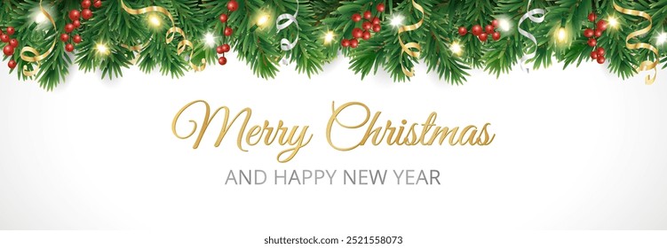 Holiday banner with decoration and typography. Christmas tree border, lights garland. Festive frame on white. Celebration vector background. For winter season headers, New Year party posters