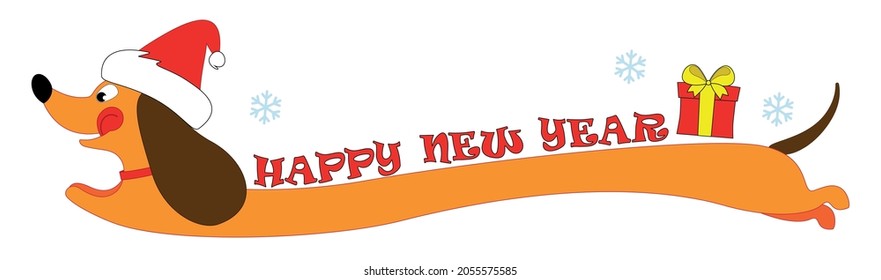 holiday banner, drawn funny dachshund in a New Year's red hat carries on his back a gift in a box with a bow on a white background with blue snowflakes, vector illustration