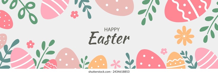 Holiday banner with Easter eggs and flowers. Trendy minimalist design in pastel colors. Horizontal poster, greeting card, header for the site.