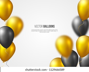 Holiday banner with flying 3D glossy balloons. Golden and black colors, blur effect. Decorative elements for party invitation design with copy space. Vector illustration.