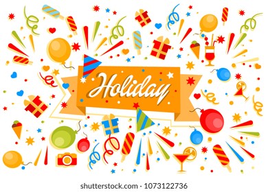 Holiday banner with gift boxes, balloons, ice-cream, cocktails, cone hats, confetti. Flat vector for birthday party poster or postcard