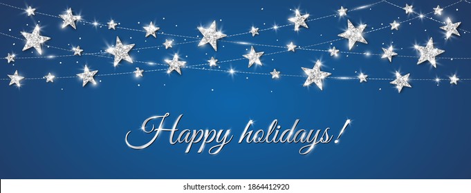 Holiday banner with glitter decoration. Silver sparkling frame. Vector Christmas border. Festive background with stars. For winter season cards, headers, party posters.