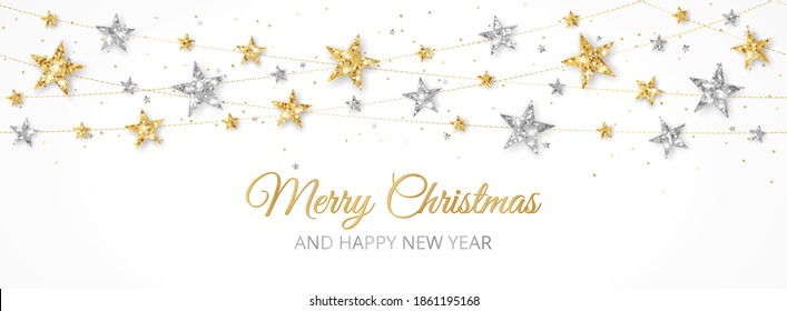 Holiday banner with gold and silver stars decoration. Christmas glitter frame. Festive vector background on white. For Christmas and New Year cards, headers, party posters.