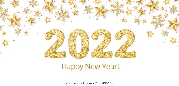 Holiday banner with golden decoration. 2022 numbers and Happy new year text. Glitter snowflakes and stars frame. Vector background. For Christmas and winter season cards, headers, party posters.