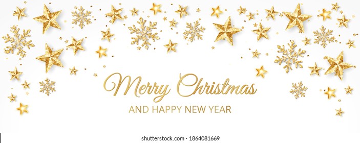 Holiday banner with golden decoration. Stars and snowflakes. Christmas glitter frame. Festive vector background on white. For Christmas and New Year greeting cards, headers, party posters.