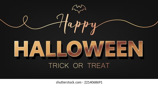 Holiday Banner With Golden Text Happy Halloween And Trick Or Treat For Promotion, Online Or Fashion Advertising, Social Media, Flyer, Shop Brochure, Advert, Tag, Sign, Label, Coupon Or Store Poster.