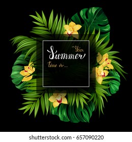 Holiday banner with green tropical palm, monstera leaves and yellow Orchids blooming flowers on the black background. White and gold texture lettering on the summer poster.