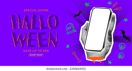 Holiday banner for Halloween sale. Halftone palm holds phone. Vector illustration in collage style. Ad banner with discount offer for Halloween sale events with halftone items and doodles.