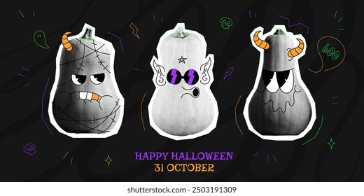 Holiday banner for Halloween sale. Halftone pumpkins with doodles. Vector illustration in collage style. Ad banner with discount offer for promotion of Halloween sale events with halftone items.