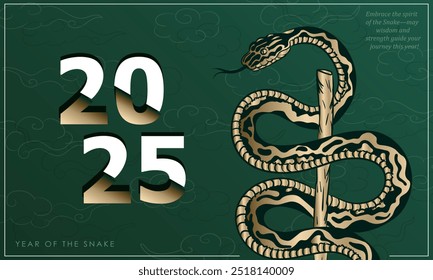 Banner de férias com nuvens desenhadas à mão e Cobra Asiática para 2025 Ano Novo Lunar. Réptil de cobra como signo horóscopo chinês no fundo verde. Cartão de saudação minimalista com mascote para o Natal